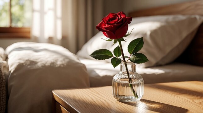 Single red rose in glass vase sits on wooden bedside table. Soft natural light shines in cozy bedroom with white bed linen. Romantic flower decor creates peaceful atmosphere in home interior during