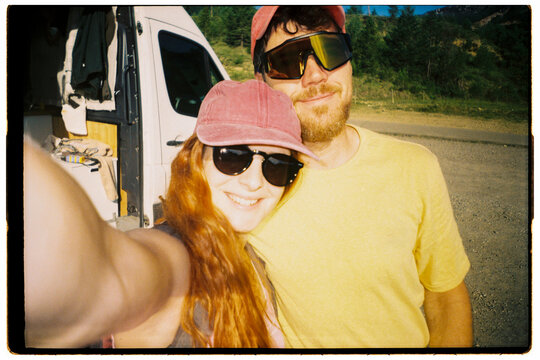 Couple selfie summer camper van