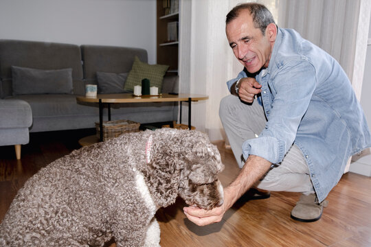 Senior man rewarding attentive dog with a treat at home with flash