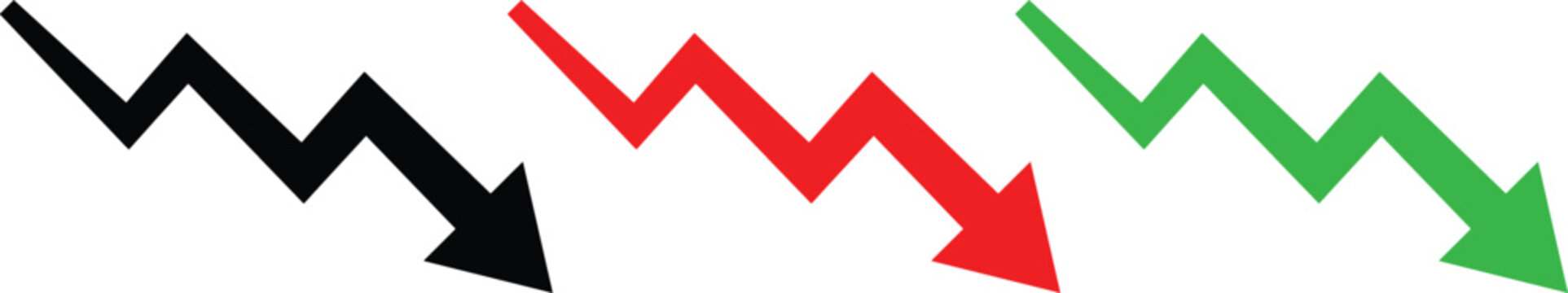 Set of three colorful zigzag down arrows showing financial loss or decline trends