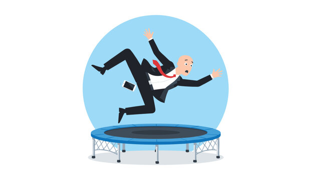 Funny cartoon of a bald businessman in a black suit losing his balance and falling backward off a blue trampoline into the air.
