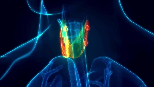 Human Throat Anatomy with Glowing Larynx and Thyroid Gland in Transparent X-Ray Body Medical 3D Animation
