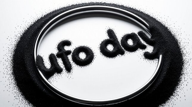Black sand forms words ufo day inside silver metallic ring. Top view of text on white background. Minimalist concept for extraterrestrial life holiday space mystery event. Creative typography using
