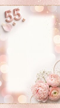 Soft pink 55th anniversary background with rose gold numbers, beautiful peonies, pearls, and gentle bokeh