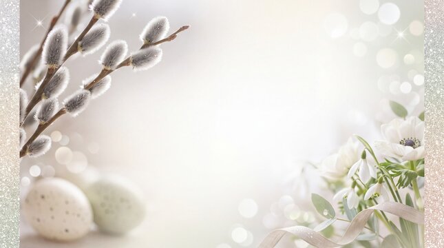 Minimalist spring Easter template with pussy willow branches, white flowers, subtle pastel eggs, and silver glitter border