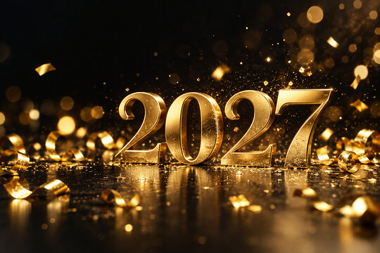 Elegant Golden 2027 New Year Celebration with Fireworks and City Lights