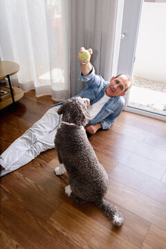 Senior man playing with tennis ball and attentive dog at home