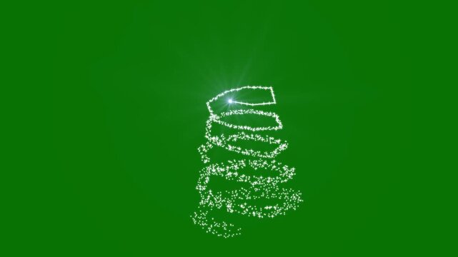 Animated cartoon vector Christmas tree with flashing lights, splashes of glittering particles, sparkling festive decorations, green screen alpha channel background, seamless 4K animation.