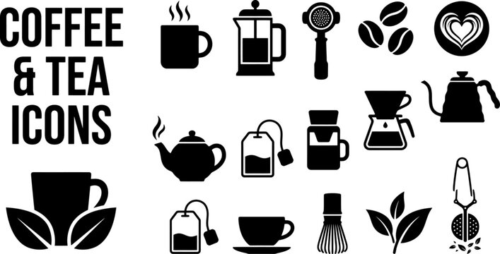 Set of black silhouette coffee and tea icons for cafe design elements
