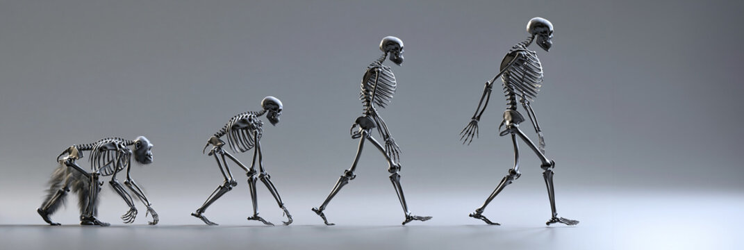 Menschliche Evolution als Skelett-Reihe vom Affen zum Menschen auf dunklem Grund