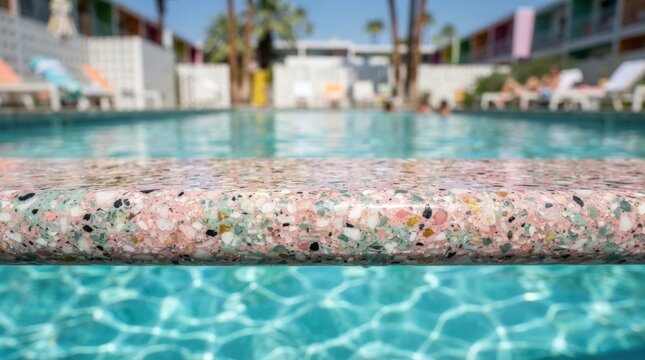 Close-up of a swimming pool&rsquo;s decorative pebble coping edge featuring multicolored stones and sparkling turquoise water ideal for resort, hotel, and vacation advertising concepts