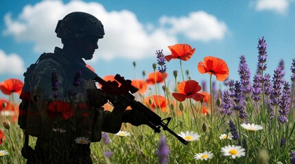 Fototapeta premium Silhouette of soldier holding rifle in field of red poppies, purple lavender. Armed man stands among spring flowers under blue sky. Concept of peace after war, military defense, remembrance day