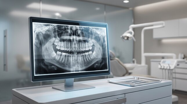 Dental X-ray diagnostic image displayed on a modern medical monitor in a clean contemporary clinic.