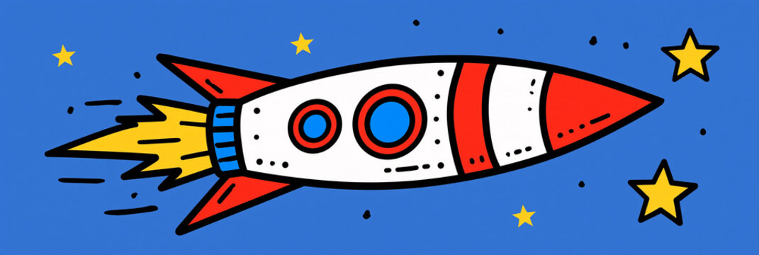 Illustrierte Rakete in Rot und Wei&szlig; mit Flamme vor blauem Hintergrund mit Sternen