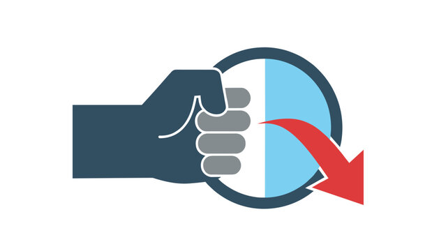 Conceptual icon showing a dark fist punching a light blue circular shield with a red arrow pointing downwards indicating defense.