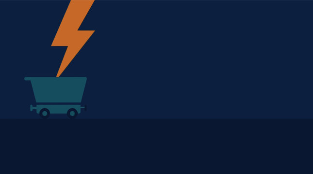Minimalist mining cart vector with orange lightning bolt, industrial coal trolley icon on dark blue background, energy and power concept illustration
