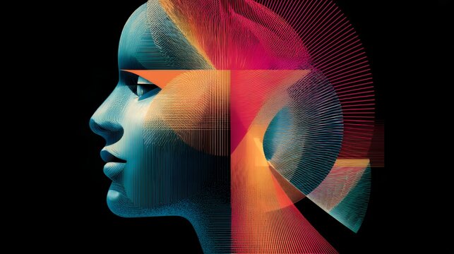 Abstract Geometric Human Face Profile with Fine Colorful Thread Line Art and Radial Wave Overlay on Dark Background