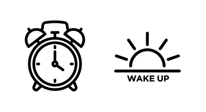 Wake up alarm clock and sunrise horizon line art icons with pictogram