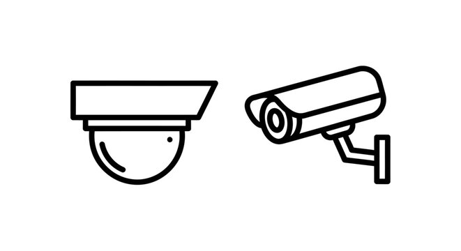 Cctv security camera and dome camera outline vector icons with security
