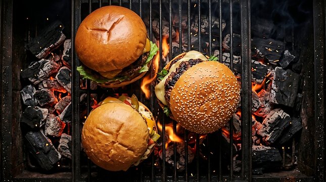 Three Beef Burgers Grilling on Charcoal