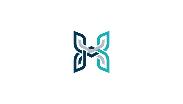 Stylized corporate logo design of letter h or x with interlocking ribbon path elements in blue, teal, and grey.