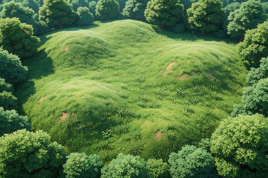 Top down view of green grassy meadow with gentle hill elevation. Rich vegetation, small bushes surround forest clearing. Minimal nature terrain background for mobile game level digital map design.