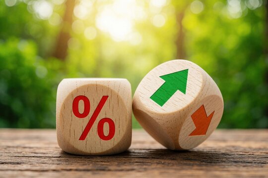 Wooden dice with percent symbol, arrows show interest rate change. One cube red percent sign, second cube shows green up arrow, orange down arrow. Concept of mortgage rates, inflation, economy growth