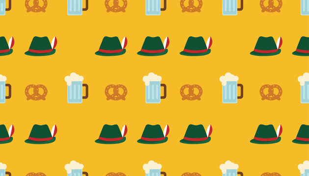 Traditional oktoberfest seamless pattern featuring green bavarian hats, frothy beer mugs, and pretzels over a bright yellow background.