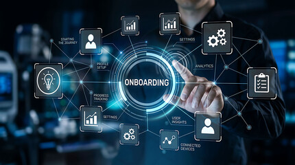 Obraz premium Interactive business onboarding software interface with glowing futuristic tech icons