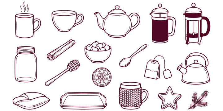 Set of hand drawn tea and coffee icons featuring mugs, teapots, French presses, honey, and brewing accessories