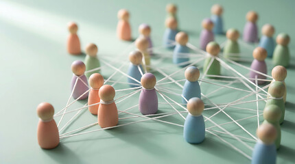 Obraz premium Wooden pegs connected by string symbolizing networking communication teamwork