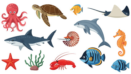 Fototapeta premium Ocean wildlife collection with various cartoon marine animals including shark, dolphin, octopus, and sea turtle.