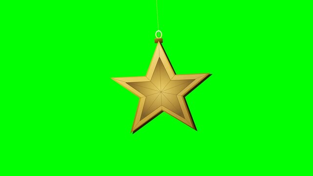 High-quality 2.5D metallic gold five-point Christmas star hanging on a pure green screen. Features realistic physical pendulum rotation, dimensional edge reveal, and dynamic surface highlight.