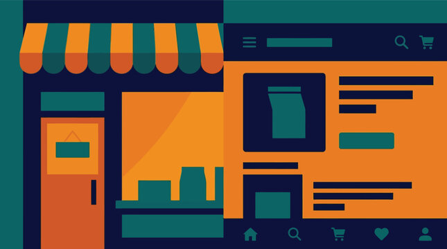 Flat vector illustration of local storefront and mobile shopping app, omnichannel retail concept, digital marketplace and physical store interface