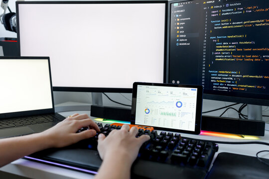 Young developer use AI tools on gaming computer workstation