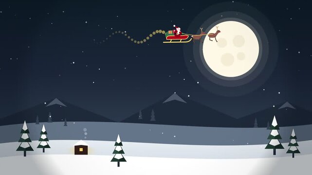 Santa Claus in sleigh flying over snowy winter landscape at night