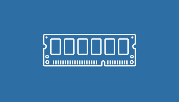 Computer hardware icon of a ram memory module displayed as a white outline graphic on a solid blue background for technology.