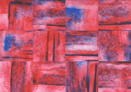 Abstract Watercolor Grid in Red and Blue