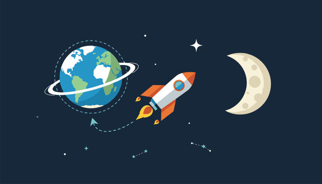 Space exploration concept featuring a cartoon rocket flying from earth towards the moon through a dark starry sky backdrop.
