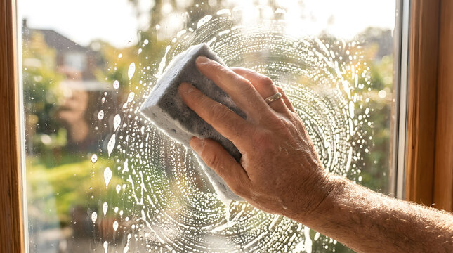 Window cleaning service worker washing residential glass with soapy water and sponge in bright natural daylight.