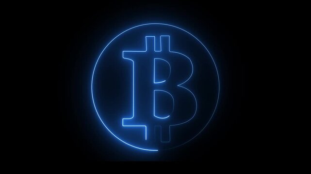 Neon Glowing & blue Color Bitcoin icon animation. neon bitcoin lights on black background. Global finance bitcoin icon..