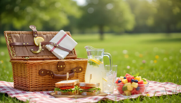 Picnic basket sits open on a checkered blanket in a lush green park filled with summer sunlight.