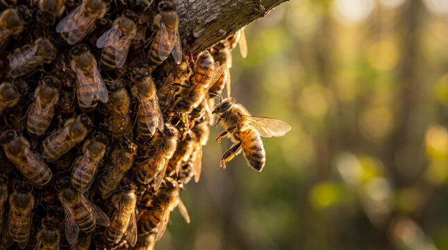 Honeybees clustered on a tree hive with another bee flying nearby