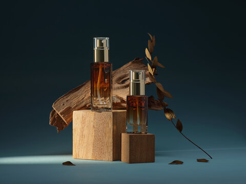 Elegant perfume bottles showcased with wood and golden