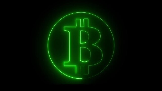 Neon Glowing & green Color Bitcoin icon animation. neon bitcoin lights on black background. Global finance bitcoin icon..