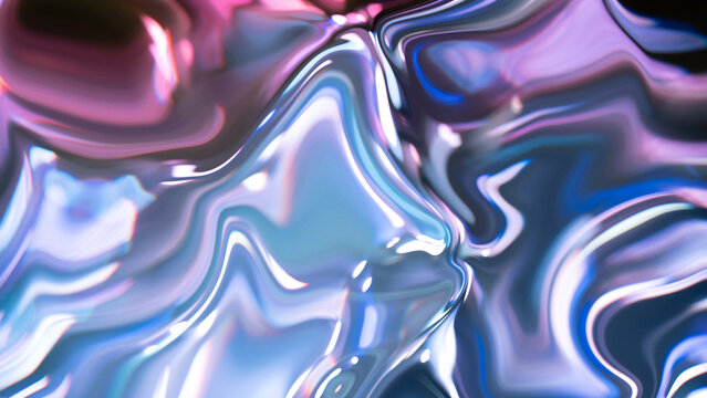 Iridescent liquid chrome abstract background with blue and pink