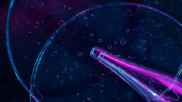 Neon laboratory pipette in petri dish science background