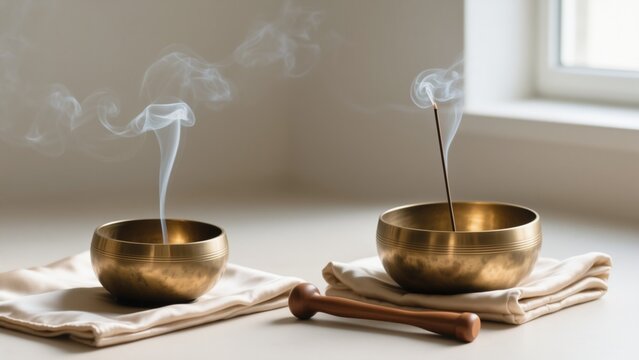 Brass singing bowl with silk and smoke