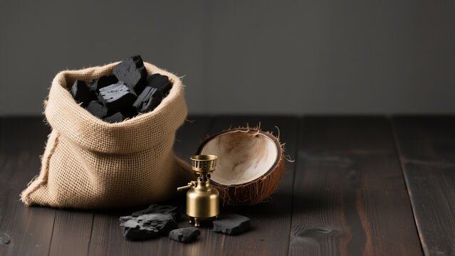 Coconut charcoal in burlap sack