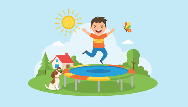 Cheerful young boy jumping high on a colorful backyard trampoline under the bright sun with a cute dog watching him.